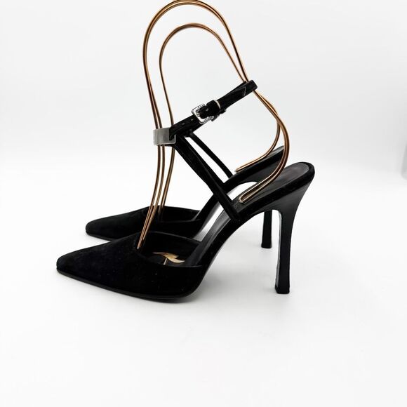 Gucci Black Suede Leather Strappy Heels Pointed Toe Size 7 - Picture 4 of 15
